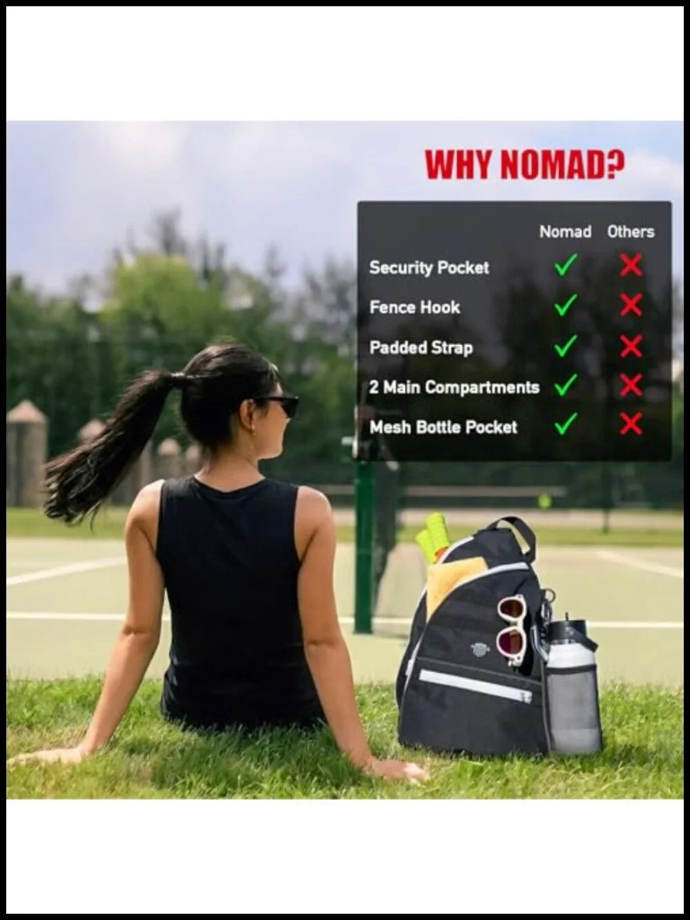 Pickleball Sling Bag with Fence Hook, 3 Compartments, 1000D PVC Coated Cordura